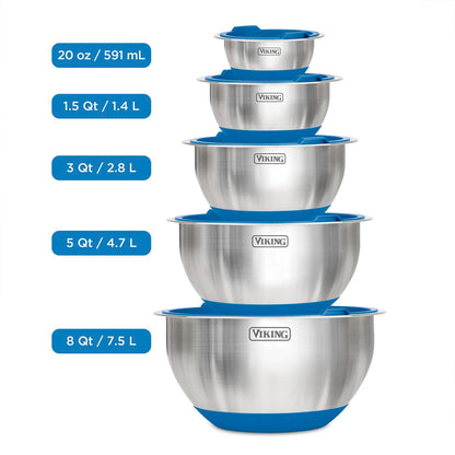VIKING Culinary Stainless Steel Mixing Bowl Set, 10 piece, Non-slip Silicone Base, Includes Airtight Lids, Dishwasher Safe, Blue - CookCave