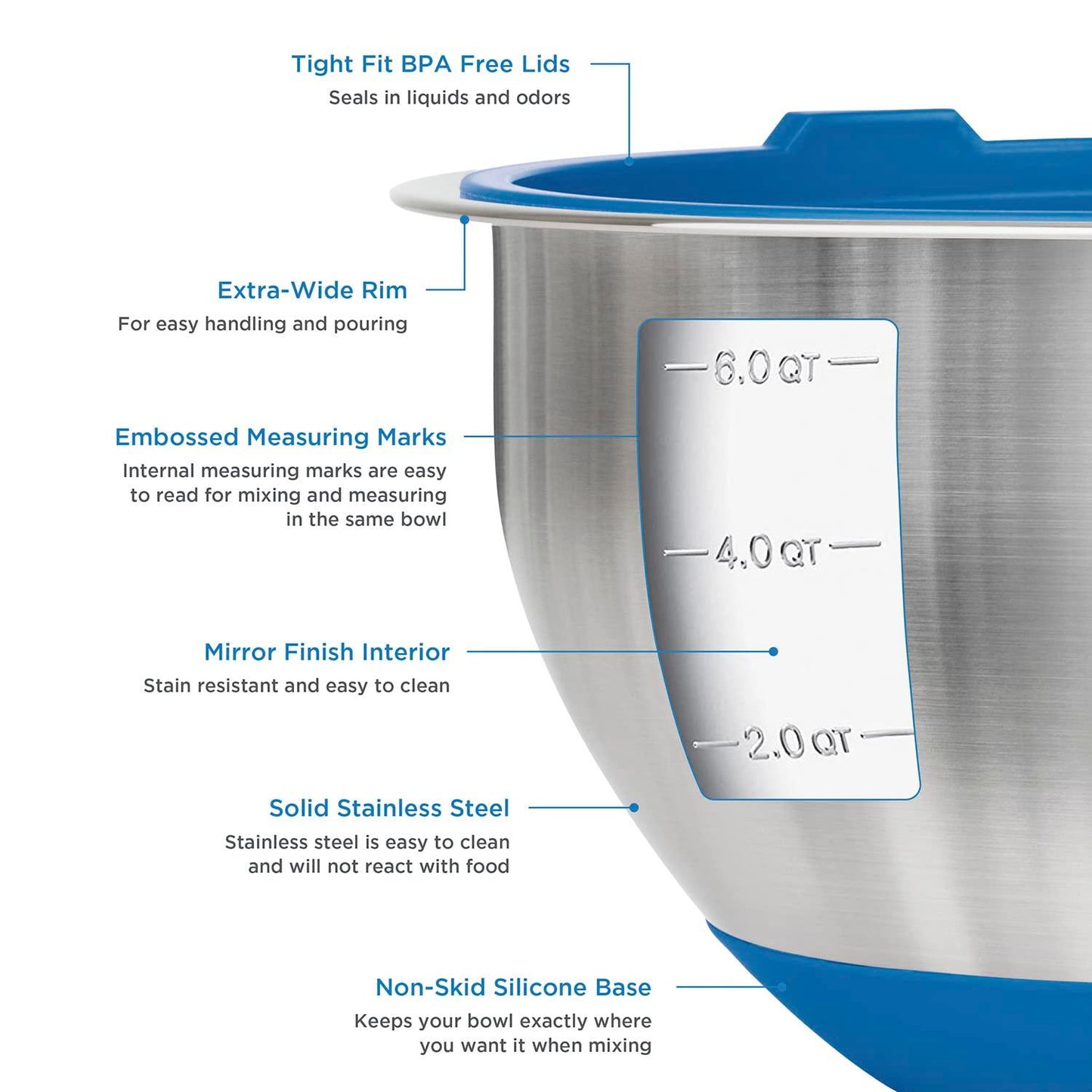 VIKING Culinary Stainless Steel Mixing Bowl Set, 10 piece, Non-slip Silicone Base, Includes Airtight Lids, Dishwasher Safe, Blue - CookCave