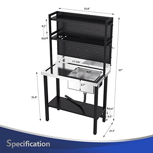 VINGLI 67" Commercial Sink with Drainboard and Adjustable Shelves and Pegboard for Hanging Tools, 304 Stainless Steel Table with Sink Freestanding Utility Sink and Counter for Restaurant, Garage - CookCave