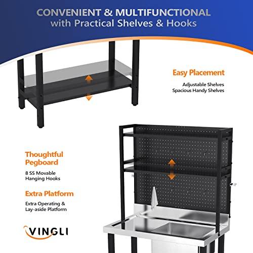 VINGLI 67" Commercial Sink with Drainboard and Adjustable Shelves and Pegboard for Hanging Tools, 304 Stainless Steel Table with Sink Freestanding Utility Sink and Counter for Restaurant, Garage - CookCave