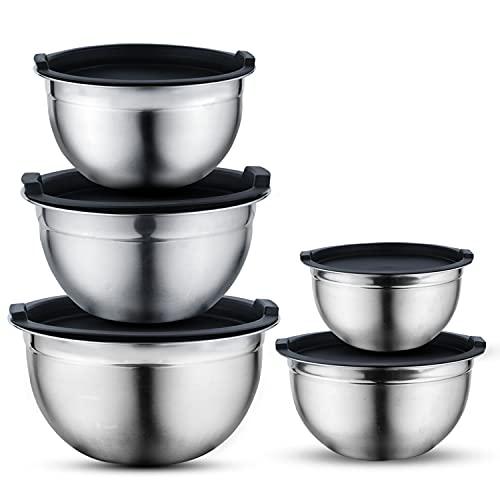 Vinod Mixing Bowls with Lids - Set of 5 Stainless Steel Nesting Bowl | Meal Prep Bowls | Mix & Serve | Flat Bottom & Stackable | Heavy Duty, Easy to Clean, Space Saving, Cooking, Prepping | Black Lids - CookCave