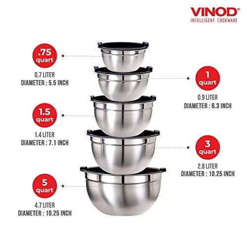 Vinod Mixing Bowls with Lids - Set of 5 Stainless Steel Nesting Bowl | Meal Prep Bowls | Mix & Serve | Flat Bottom & Stackable | Heavy Duty, Easy to Clean, Space Saving, Cooking, Prepping | Black Lids - CookCave