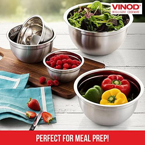 Vinod Mixing Bowls with Lids - Set of 5 Stainless Steel Nesting Bowl | Meal Prep Bowls | Mix & Serve | Flat Bottom & Stackable | Heavy Duty, Easy to Clean, Space Saving, Cooking, Prepping | Black Lids - CookCave