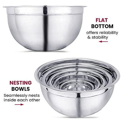 Vinod Mixing Bowls with Lids - Set of 5 Stainless Steel Nesting Bowl | Meal Prep Bowls | Mix & Serve | Flat Bottom & Stackable | Heavy Duty, Easy to Clean, Space Saving, Cooking, Prepping | Black Lids - CookCave