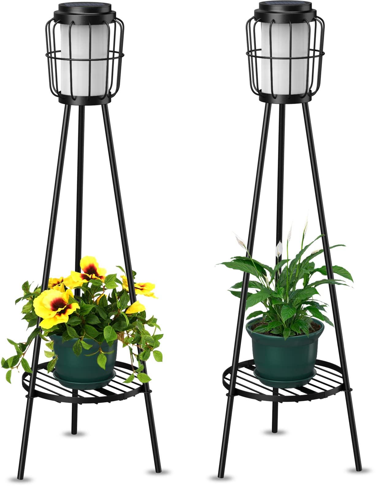 VISFLAIR Metal Solar Floor Lamps Outdoor with Plant Stand, 2 Pack Waterproof Solar Lantern Lights for Patio Deck Yard Garden Porch Decor (Black) - CookCave