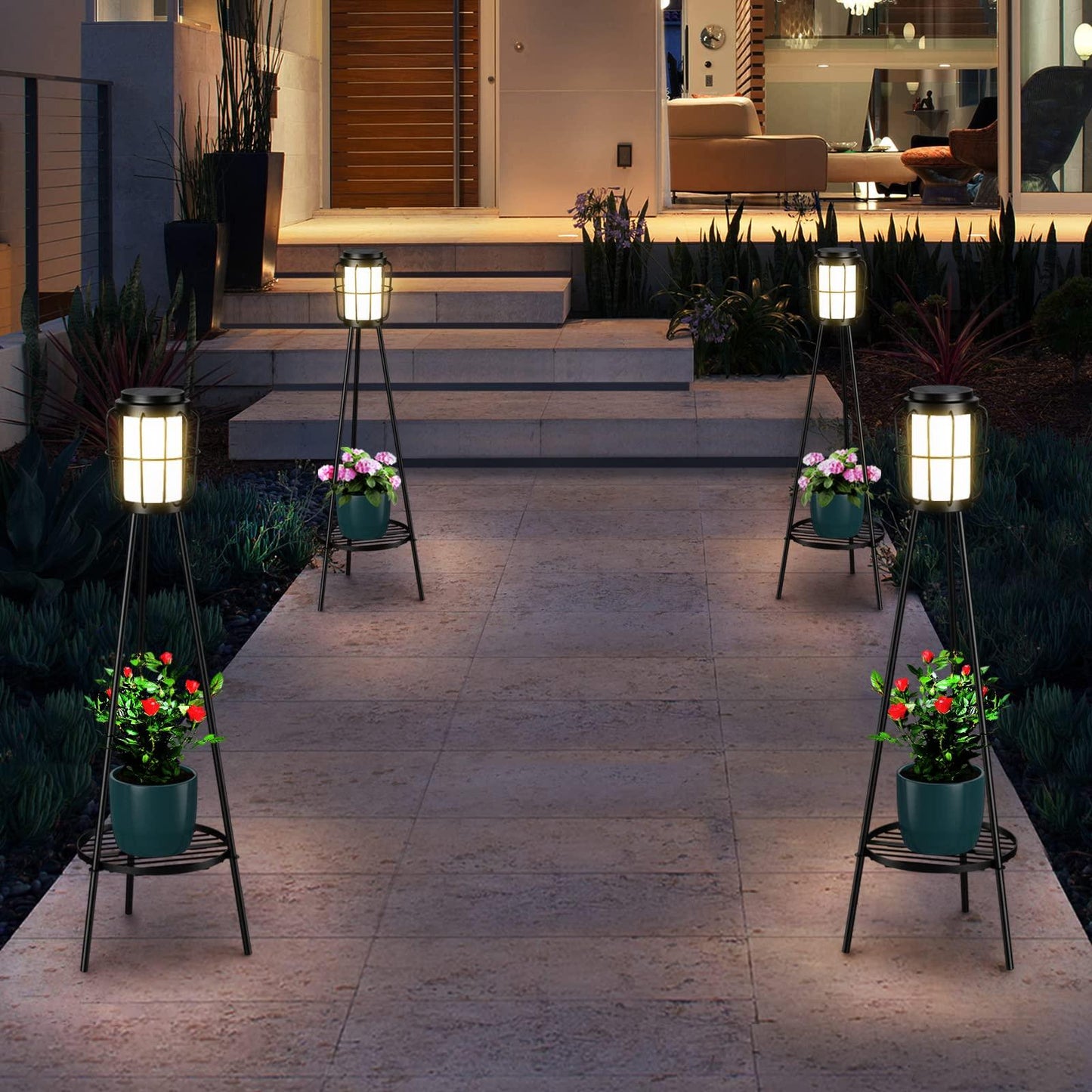 VISFLAIR Metal Solar Floor Lamps Outdoor with Plant Stand, 2 Pack Waterproof Solar Lantern Lights for Patio Deck Yard Garden Porch Decor (Black) - CookCave