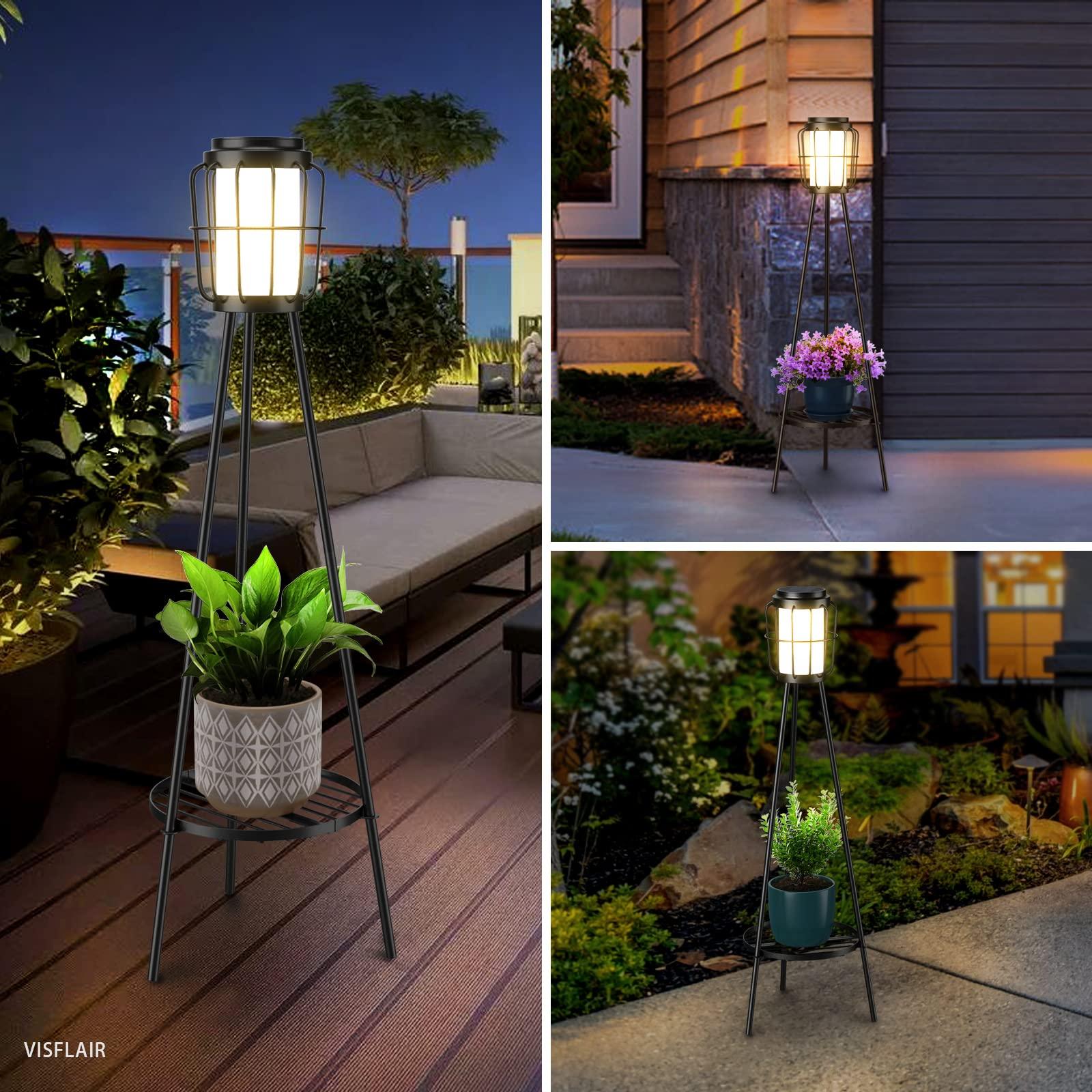 VISFLAIR Metal Solar Floor Lamps Outdoor with Plant Stand, 2 Pack Waterproof Solar Lantern Lights for Patio Deck Yard Garden Porch Decor (Black) - CookCave