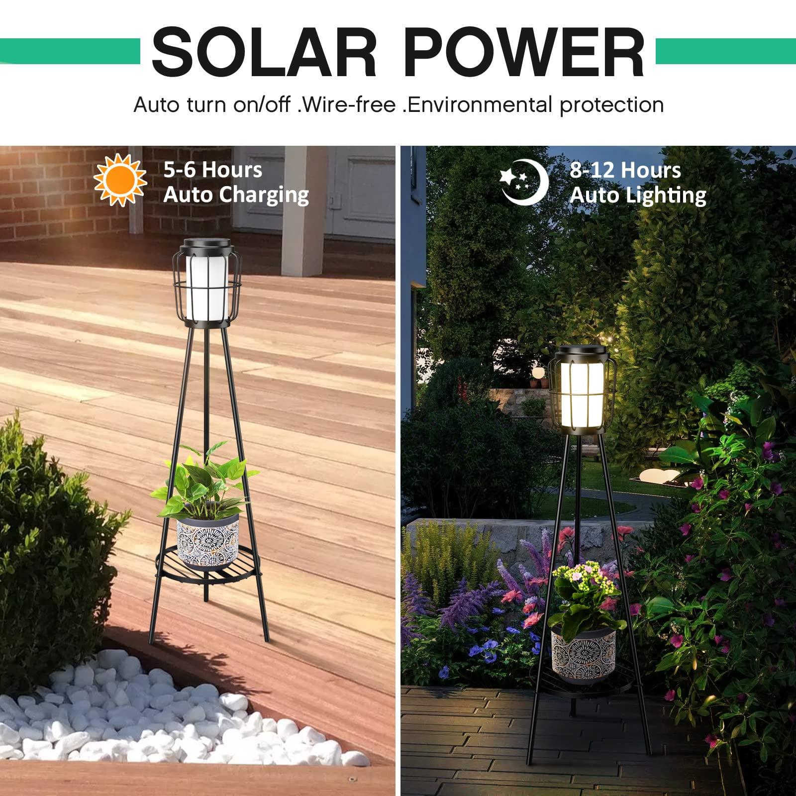 VISFLAIR Metal Solar Floor Lamps Outdoor with Plant Stand, 2 Pack Waterproof Solar Lantern Lights for Patio Deck Yard Garden Porch Decor (Black) - CookCave