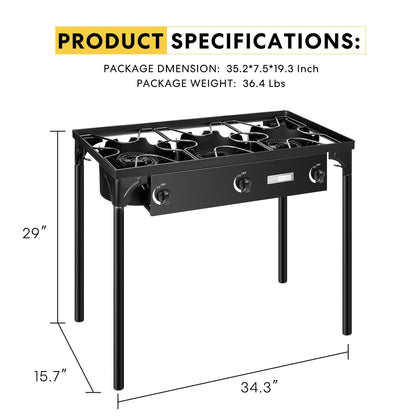 VIVOHOME Outdoor 3-Burner Stove, Max. 225,000 BTU/hr, Heavy Duty Tri-Propane Cooker with Detachable Legs Stand for Camping Cookout - CookCave