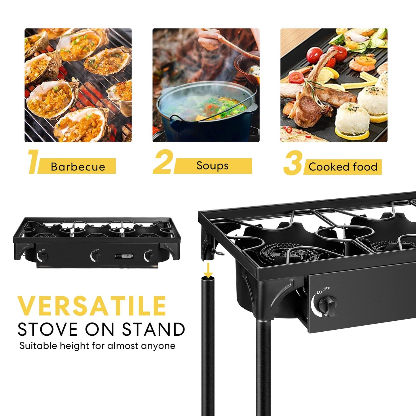 VIVOHOME Outdoor 3-Burner Stove, Max. 225,000 BTU/hr, Heavy Duty Tri-Propane Cooker with Detachable Legs Stand for Camping Cookout - CookCave
