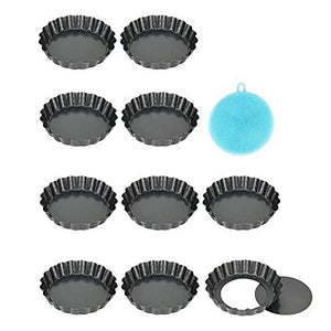 Vnray Mini Tart Pans with Removable Bottom 4 inch Set of 10, Non-stick Round Quiche Pan Heavy Duty Carbon Steel for Mousse Cakes, Christmas Dessert Baking with Silicone Scrubber - CookCave