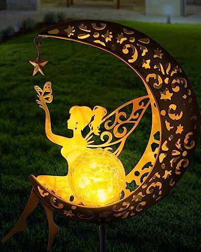 Vuees Solar Garden Statues Outdoor Decor, Fairy Moon Figurine Light Stake, Housewarming Ornament for Patio, Lawn, Yard, Pathway - Unique Gift Ideas for Gardening Mom Grandma - CookCave