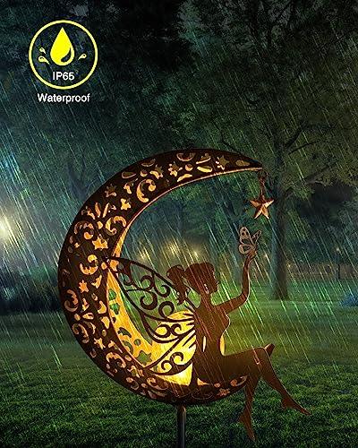 Vuees Solar Garden Statues Outdoor Decor, Fairy Moon Figurine Light Stake, Housewarming Ornament for Patio, Lawn, Yard, Pathway - Unique Gift Ideas for Gardening Mom Grandma - CookCave