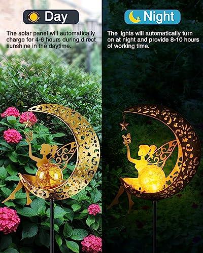 Vuees Solar Garden Statues Outdoor Decor, Fairy Moon Figurine Light Stake, Housewarming Ornament for Patio, Lawn, Yard, Pathway - Unique Gift Ideas for Gardening Mom Grandma - CookCave