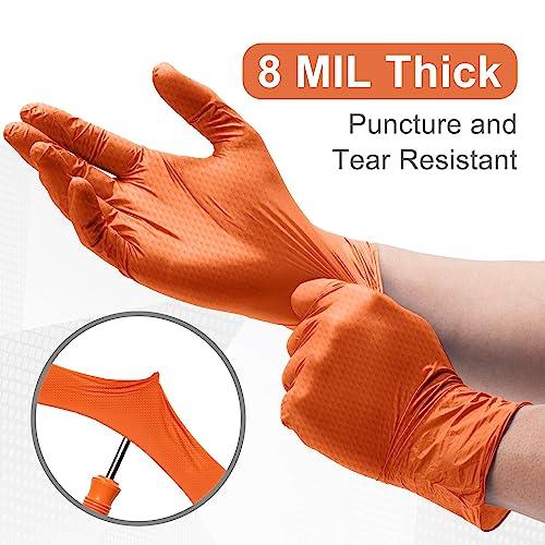 WECARE Orange 8 Mil Nitrile Gloves Medium 50 Pack - Heavy Duty Mechanic Gloves, with Diamond Grip - Powder and Latex Free Disposable Gloves - CookCave