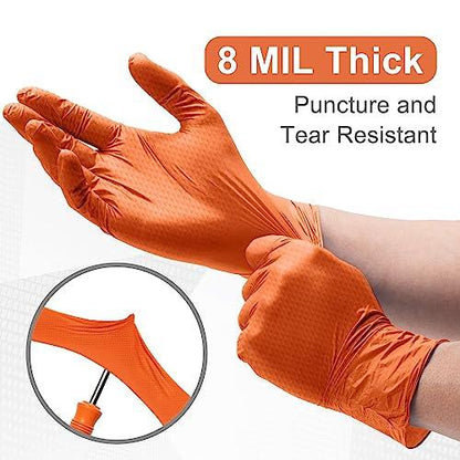 WECARE Orange 8 Mil Nitrile Gloves Medium 50 Pack - Heavy Duty Mechanic Gloves, with Diamond Grip - Powder and Latex Free Disposable Gloves - CookCave