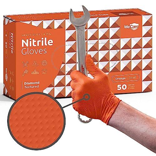 WECARE Orange 8 Mil Nitrile Gloves Medium 50 Pack - Heavy Duty Mechanic Gloves, with Diamond Grip - Powder and Latex Free Disposable Gloves - CookCave