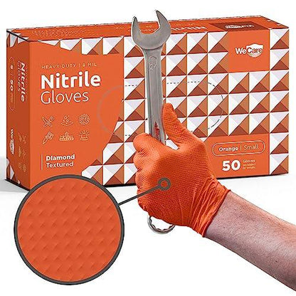 WECARE Orange 8 Mil Nitrile Gloves Medium 50 Pack - Heavy Duty Mechanic Gloves, with Diamond Grip - Powder and Latex Free Disposable Gloves - CookCave