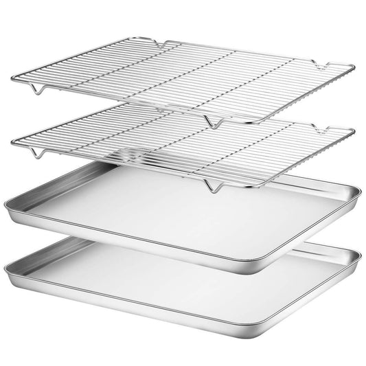 Wildone Baking Sheet & Rack Set [2 Sheets + 2 Racks], Stainless Steel Cookie Pan with Cooling Rack, Size 16 x 12 x 1 Inch, Non Toxic & Heavy Duty & Easy Clean - CookCave