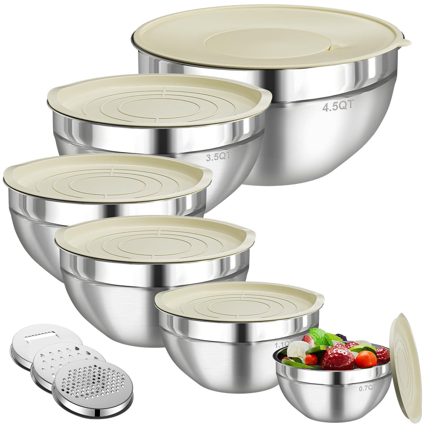 Winproper Mixing Bowls with Lids Set, 6 PCS Stainless Steel Mixing Bowls with 3 Grater Attachments, Kitchen Food Storage Organizers Nesting Mixing Bowl, Large Size 4.5, 3.5, 2.1, 1.5, 1.1, 0.7QT - CookCave