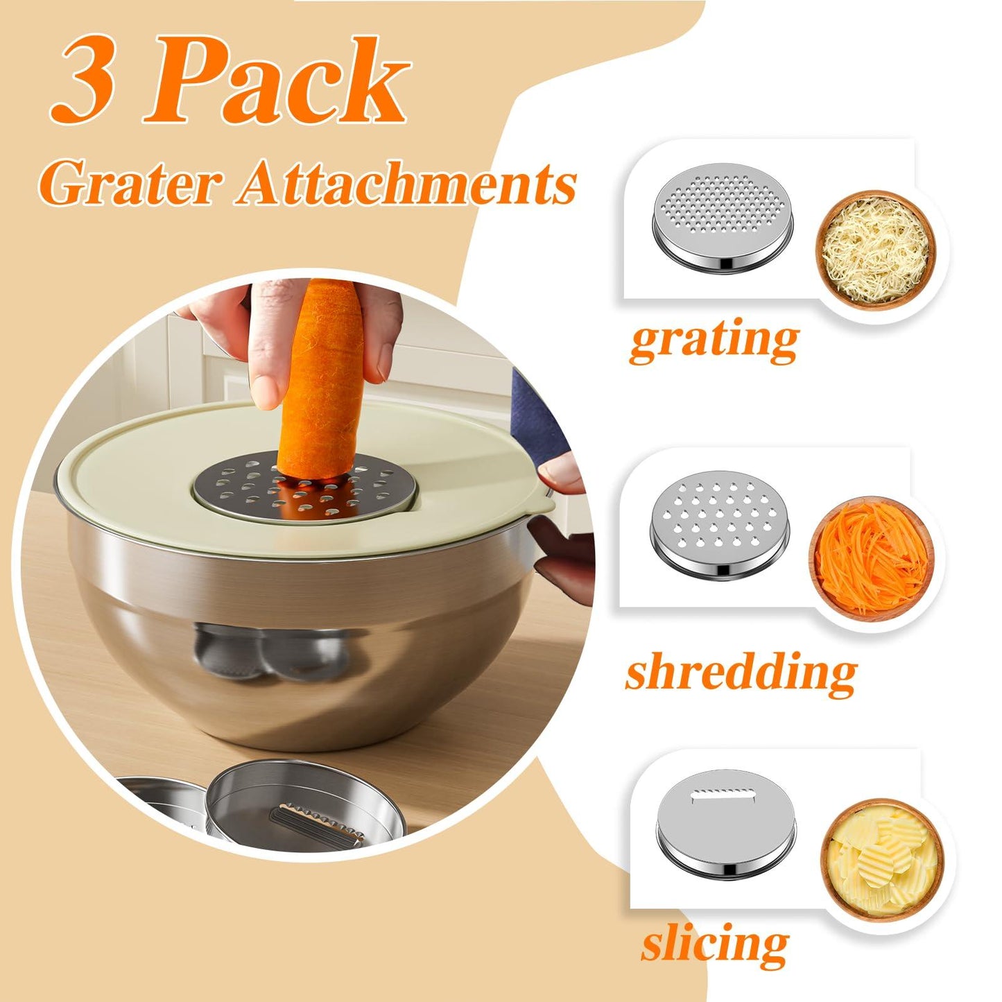 Winproper Mixing Bowls with Lids Set, 6 PCS Stainless Steel Mixing Bowls with 3 Grater Attachments, Kitchen Food Storage Organizers Nesting Mixing Bowl, Large Size 4.5, 3.5, 2.1, 1.5, 1.1, 0.7QT - CookCave