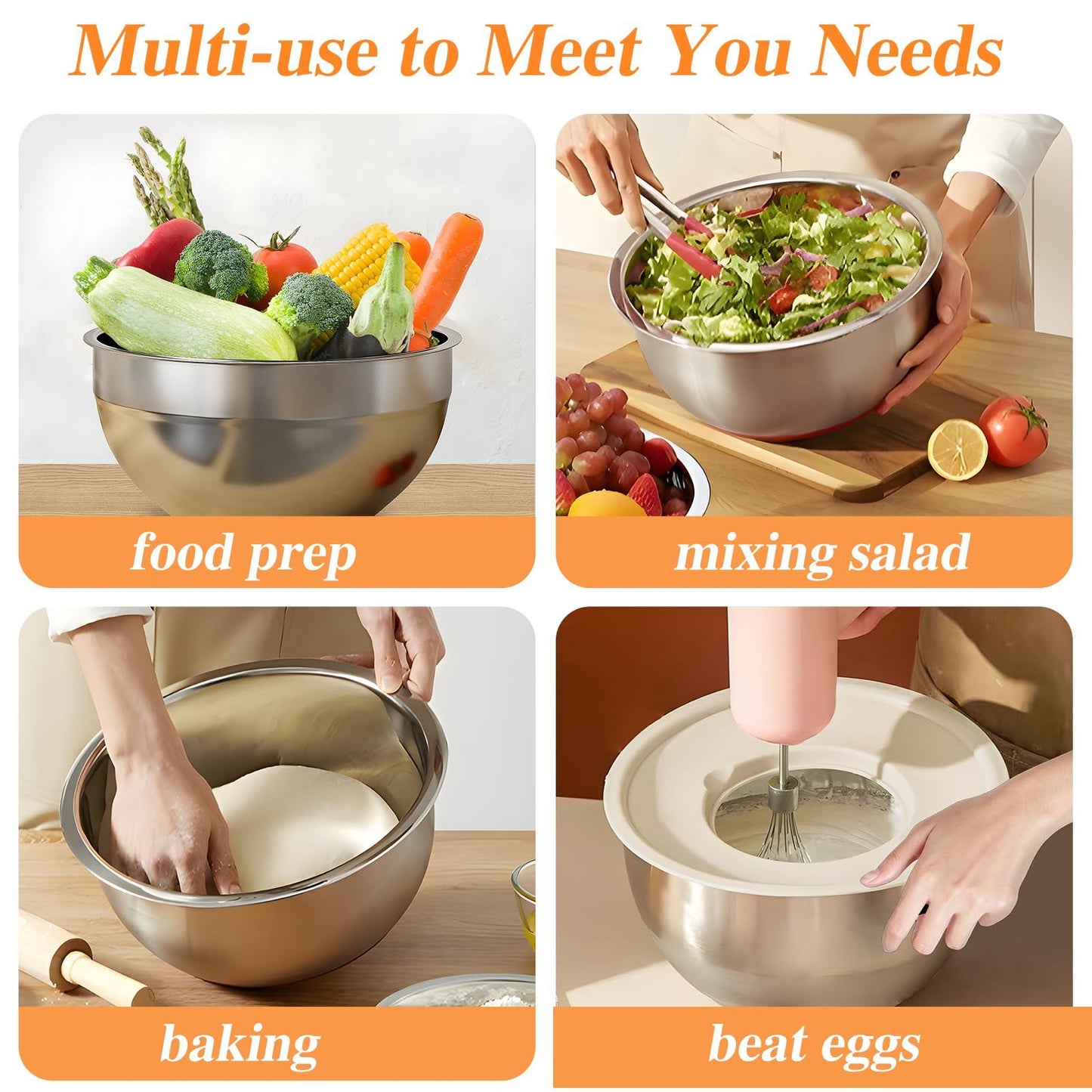 Winproper Mixing Bowls with Lids Set, 6 PCS Stainless Steel Mixing Bowls with 3 Grater Attachments, Kitchen Food Storage Organizers Nesting Mixing Bowl, Large Size 4.5, 3.5, 2.1, 1.5, 1.1, 0.7QT - CookCave