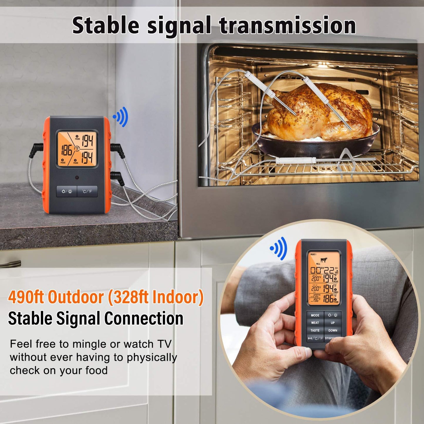 Wireless Meat Thermometer for Grilling Smoking - Kitchen Food Cooking Candy Thermometer with 3 Probes - Monitor Ambient Temperature Inside The Grill Smoker BBQ Oven Thermometer, 490ft,Digital - CookCave