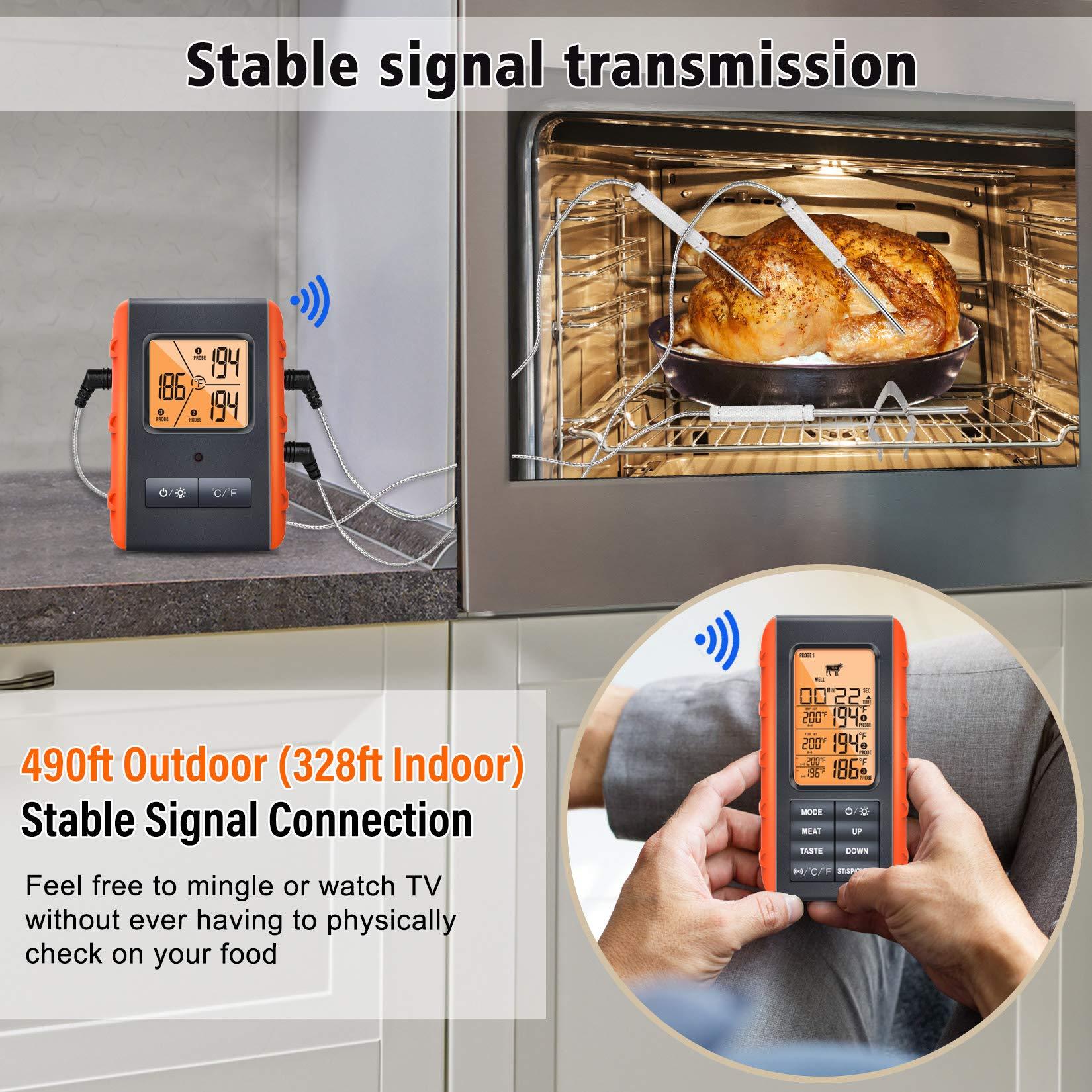 Wireless Meat Thermometer for Grilling Smoking - Kitchen Food Cooking Candy Thermometer with 3 Probes - Monitor Ambient Temperature Inside The Grill Smoker BBQ Oven Thermometer, 490ft,Digital - CookCave