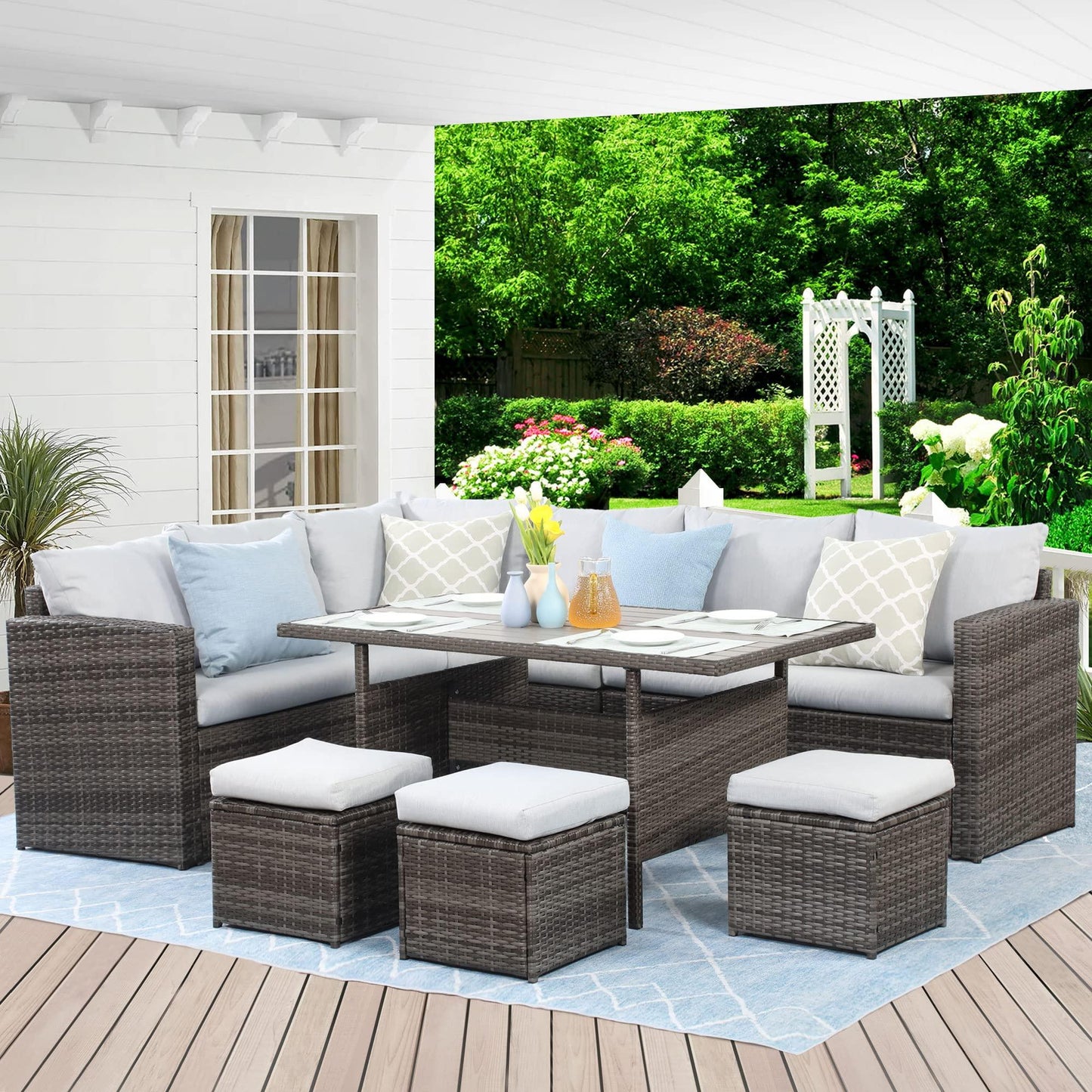 Wisteria Lane Outdoor Patio Furniture Set, 7 Piece Wicker Rattan Outdoor Dining Set with Dining Table and Ottomans, Patio Table and Chairs Set, Outdoor Sectional, Grey - CookCave