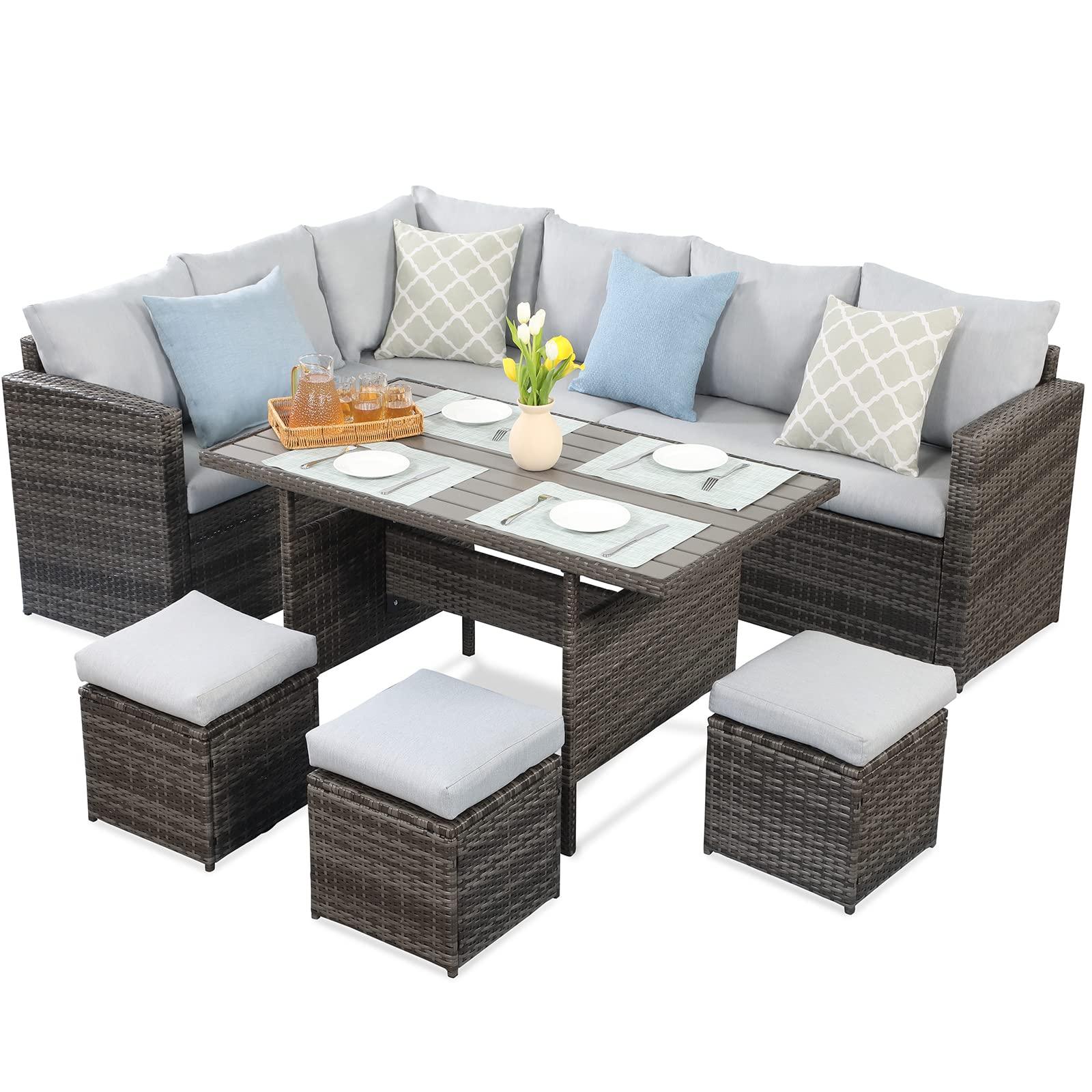 Wisteria Lane Outdoor Patio Furniture Set, 7 Piece Wicker Rattan Outdoor Dining Set with Dining Table and Ottomans, Patio Table and Chairs Set, Outdoor Sectional, Grey - CookCave