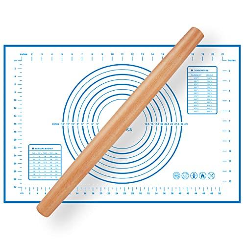 Wood French Rolling Pin for Baking, QUELLANCE Wooden Dough Roller with Silicone Baking Mat, Beech Wood Rolling Pins for Baking Dough, Pizza, Pie, Pastries, Pasta and Cookies,Blue Pastry Mat - CookCave
