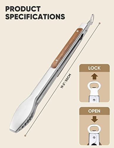 Wood-Handled Grill Tongs, 19.5"/50cm Extra Long BBQ Tongs, Heavy Duty Premium Stainless Steel Metal Tongs with Solid Wood Handles, for Charcoal, Grilling, BBQ, Barbecue, Cooking - CookCave