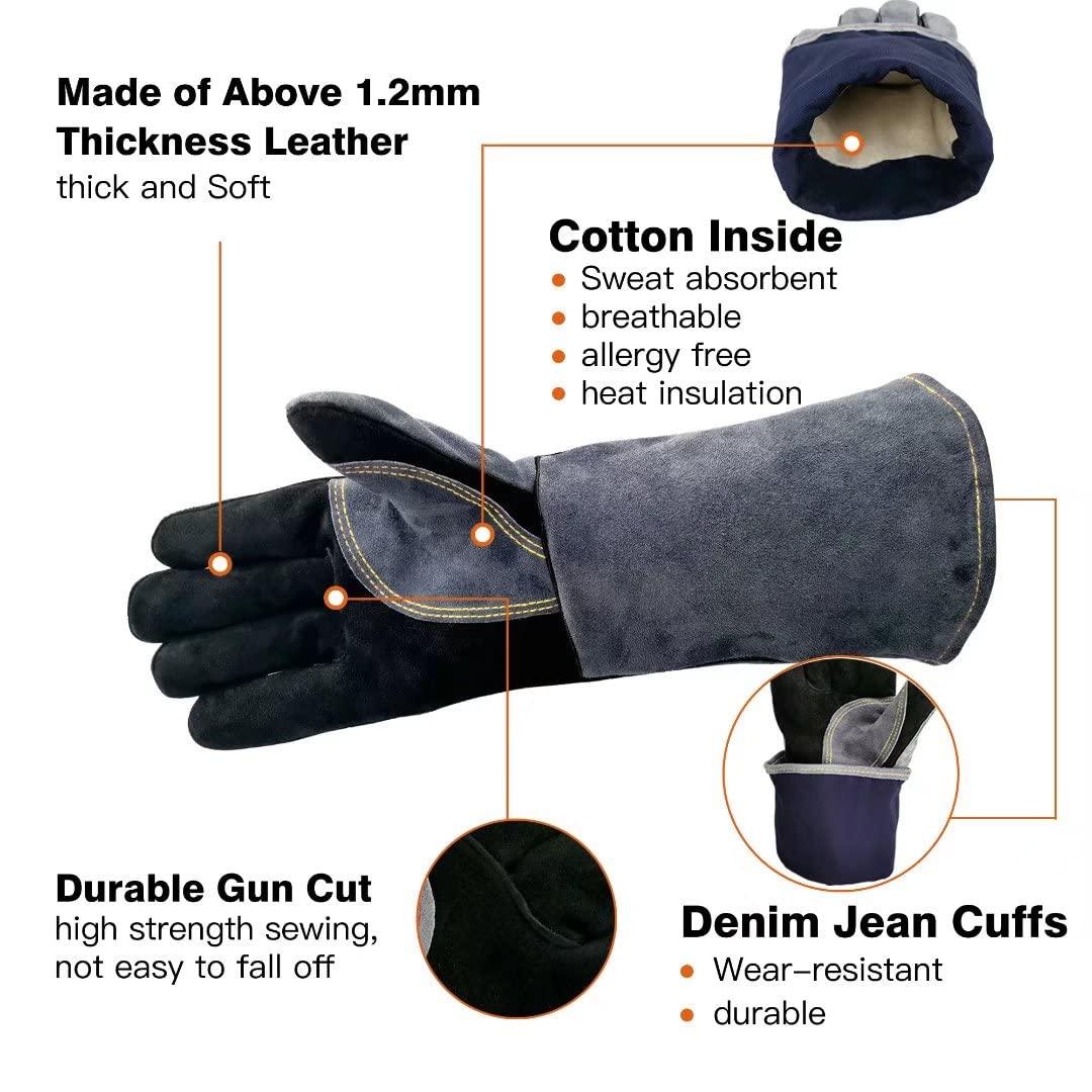 WZQH 16 Inches,932℉,Leather Forge Welding Gloves, Heat/Fire Resistant,Mitts for BBQ,Oven,Grill,Fireplace,Tig,Mig,Baking,Furnace,Stove,Pot Holder,Animal Handling Glove.Black-gray - CookCave