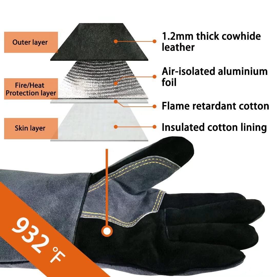 WZQH 16 Inches,932℉,Leather Forge Welding Gloves, Heat/Fire Resistant,Mitts for BBQ,Oven,Grill,Fireplace,Tig,Mig,Baking,Furnace,Stove,Pot Holder,Animal Handling Glove.Black-gray - CookCave