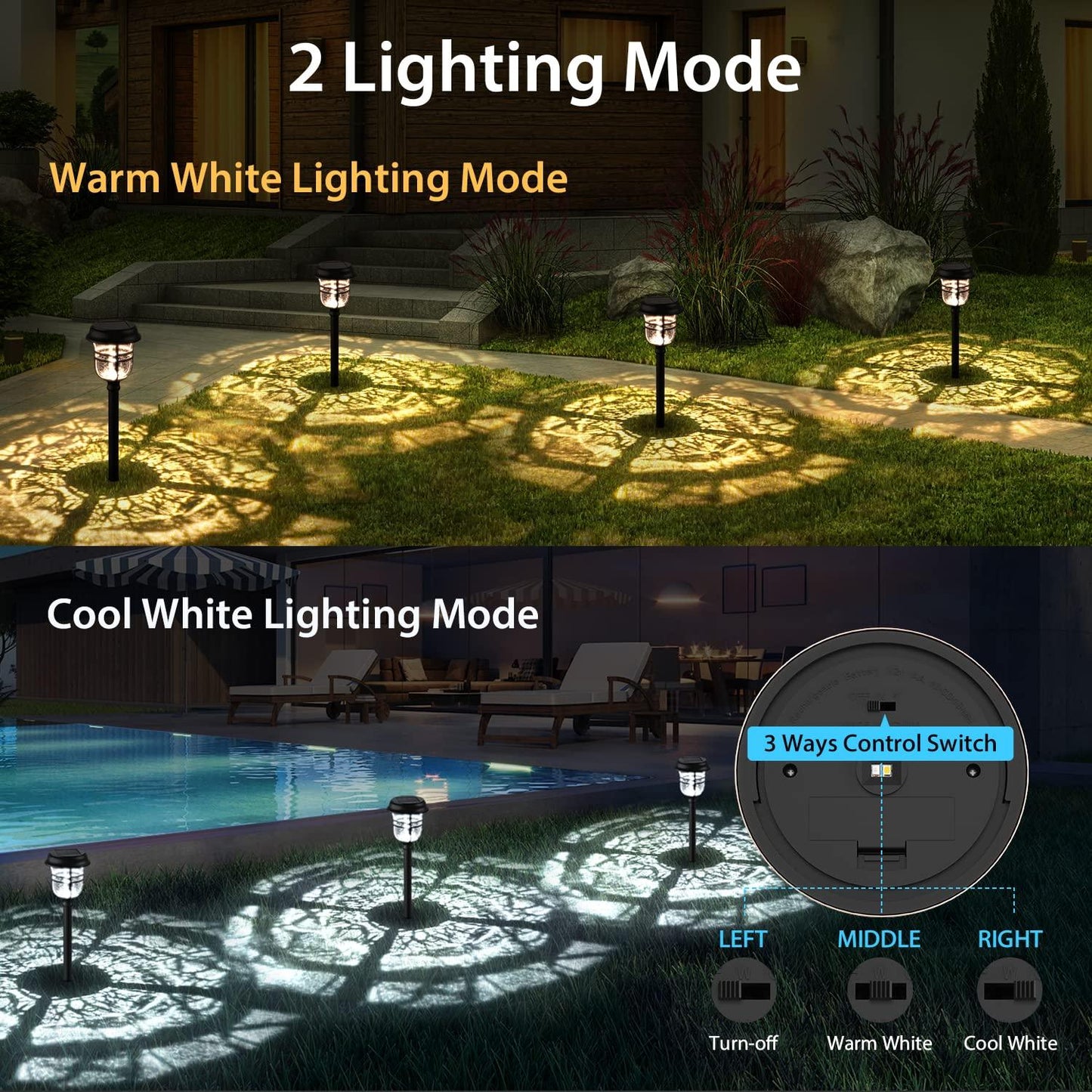 XMCOSY+ 6 Pack Solar Pathway Lights, Auto On/Off IP65 Waterproof LED Lights for Landscape, Patio, Lawn, Driveway (Warm & Cool White) - CookCave