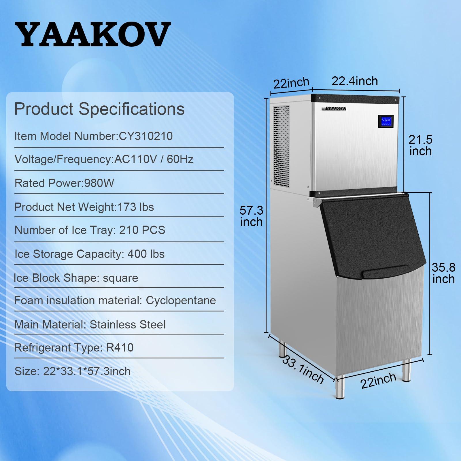 YAAKOV Commercial ice Maker Machine 550LBS/24H Commercial ice Machine with 400LBS Ice Maker Commercial Large Storage Bin,Ice Maker Machine Stainless Steel for Bar Cafe Restaurant Bussiness - CookCave