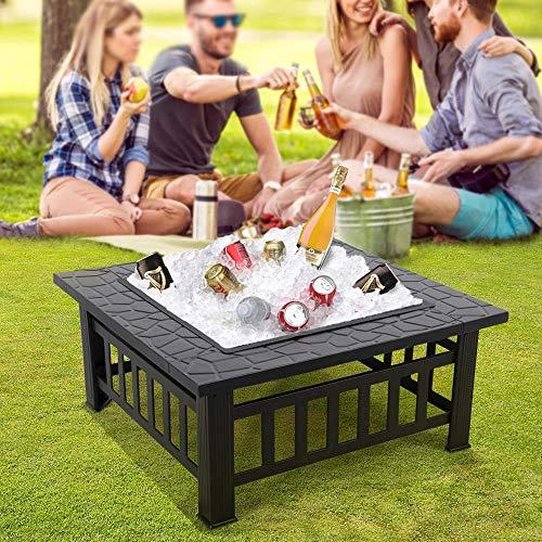 Yaheetech Multifunctional Fire Pit Table 32in Square Metal Firepit Stove Backyard Patio Garden Fireplace for Camping, Outdoor Heating, Bonfire and Picnic - CookCave