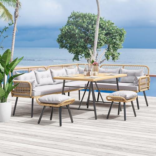 YITAHOME 10-Piece Outdoor Patio Furniture Dining Set, All-Weather Rattan Conversation Set for Backyard Deck with Soft Cushions and Plastic Wood Dining Table (Light Brown+Gray) - CookCave