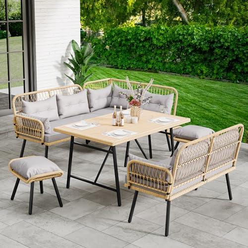 YITAHOME 10-Piece Outdoor Patio Furniture Dining Set, All-Weather Rattan Conversation Set for Backyard Deck with Soft Cushions and Plastic Wood Dining Table (Light Brown+Gray) - CookCave