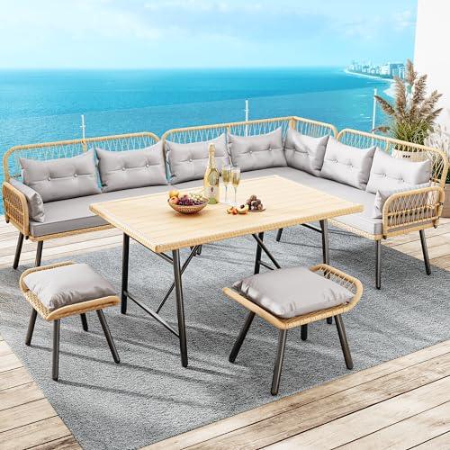 YITAHOME 10-Piece Outdoor Patio Furniture Dining Set, All-Weather Rattan Conversation Set for Backyard Deck with Soft Cushions and Plastic Wood Dining Table (Light Brown+Gray) - CookCave