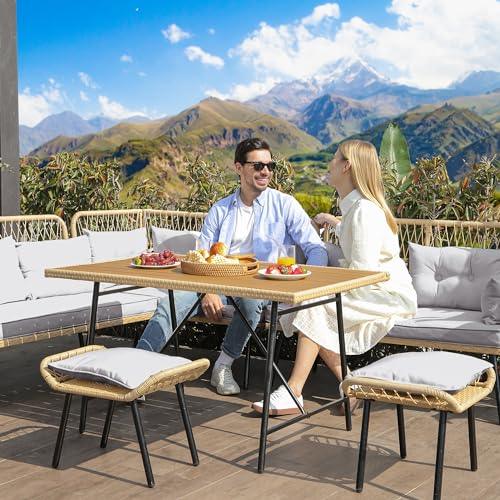 YITAHOME 10-Piece Outdoor Patio Furniture Dining Set, All-Weather Rattan Conversation Set for Backyard Deck with Soft Cushions and Plastic Wood Dining Table (Light Brown+Gray) - CookCave