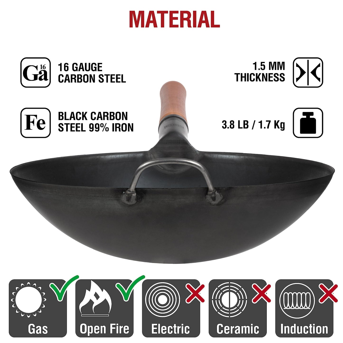 YOSUKATA Carbon Steel Wok Pan - 14 “ Woks and Stir Fry Pans - with Round Bottom Wok - Traditional Chinese Japanese Woks - Black Steel Wok - CookCave