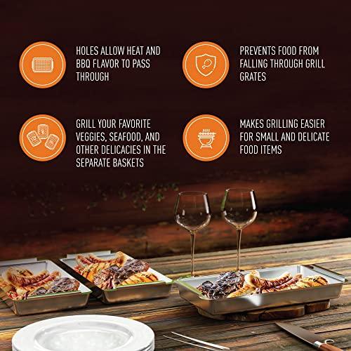 Yukon Glory™ BBQ 'N SERVE Grill Basket Set - Includes 3 Grilling Baskets a Serving Tray & Clip-on Handle - "Patented Grill-to-Table Design" Perfect For Grilling Fish Veggies & Meats - CookCave