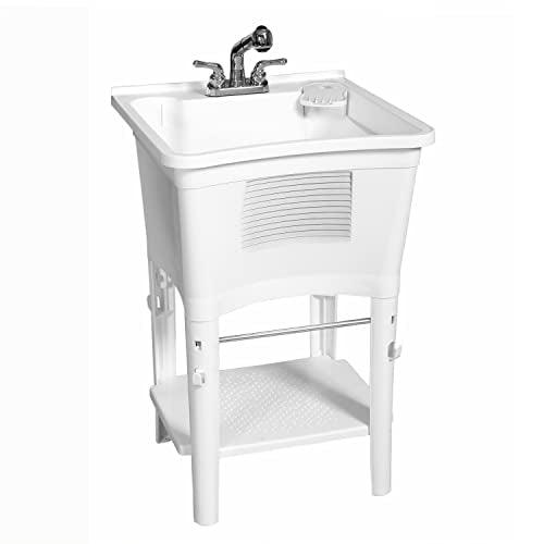 Zenna Home Premium Utility Sink with Pull-Out Faucet: Laundry Tub for Basement, Garage or Wash Room, White - CookCave