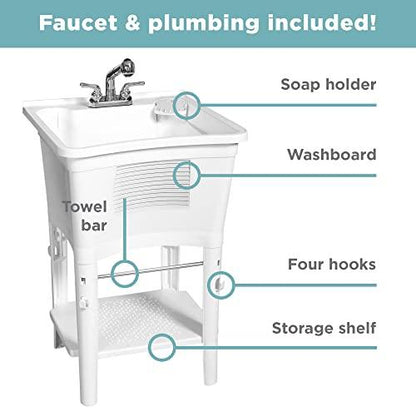 Zenna Home Premium Utility Sink with Pull-Out Faucet: Laundry Tub for Basement, Garage or Wash Room, White - CookCave