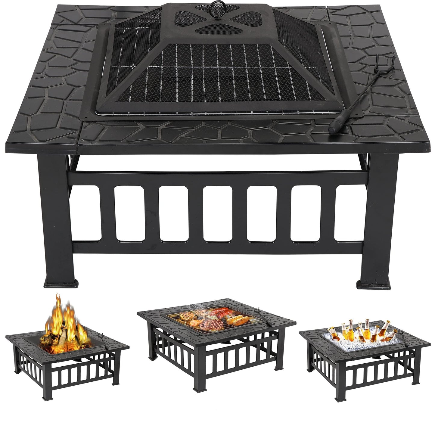 ZENY 32" Outdoor Fire Pit Square Table Metal Firepit Table Backyard Patio Garden Stove Wood Burning Fireplace w/ Waterproof Cover, Spark Screen and Poker - CookCave