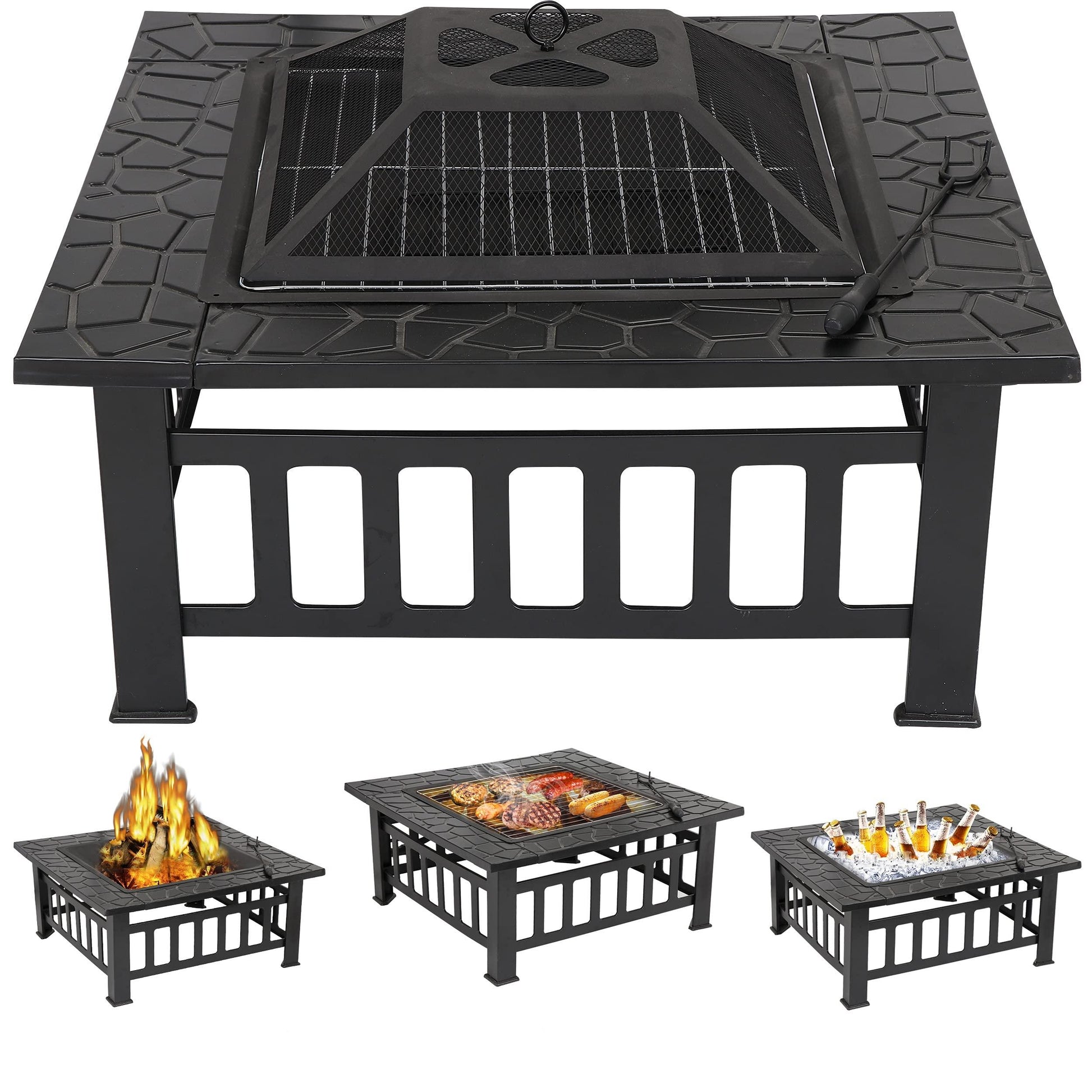 ZENY 32" Outdoor Fire Pit Square Table Metal Firepit Table Backyard Patio Garden Stove Wood Burning Fireplace w/ Waterproof Cover, Spark Screen and Poker - CookCave