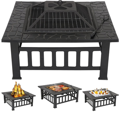 ZENY 32" Outdoor Fire Pit Square Table Metal Firepit Table Backyard Patio Garden Stove Wood Burning Fireplace w/ Waterproof Cover, Spark Screen and Poker - CookCave