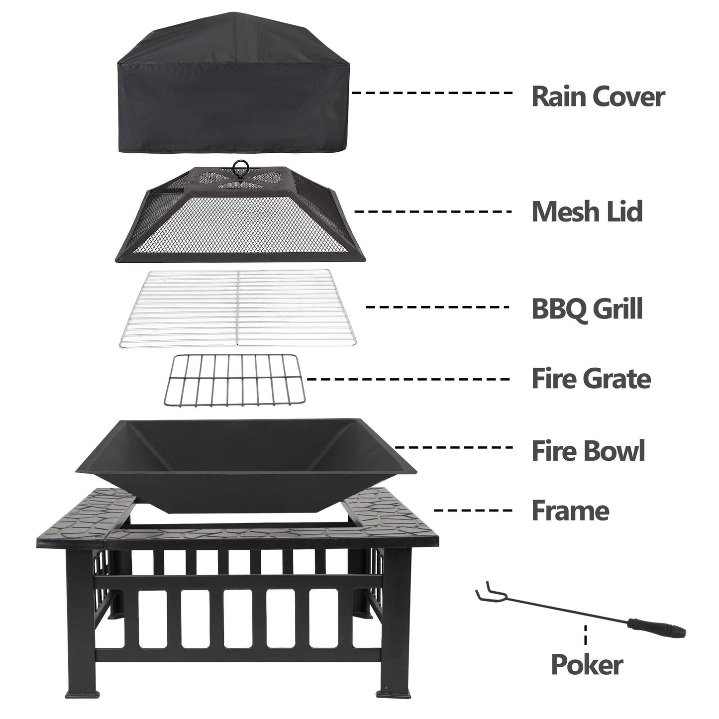 ZENY 32" Outdoor Fire Pit Square Table Metal Firepit Table Backyard Patio Garden Stove Wood Burning Fireplace w/ Waterproof Cover, Spark Screen and Poker - CookCave