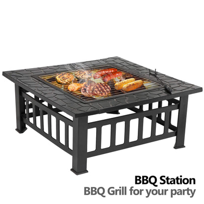 ZENY 32" Outdoor Fire Pit Square Table Metal Firepit Table Backyard Patio Garden Stove Wood Burning Fireplace w/ Waterproof Cover, Spark Screen and Poker - CookCave